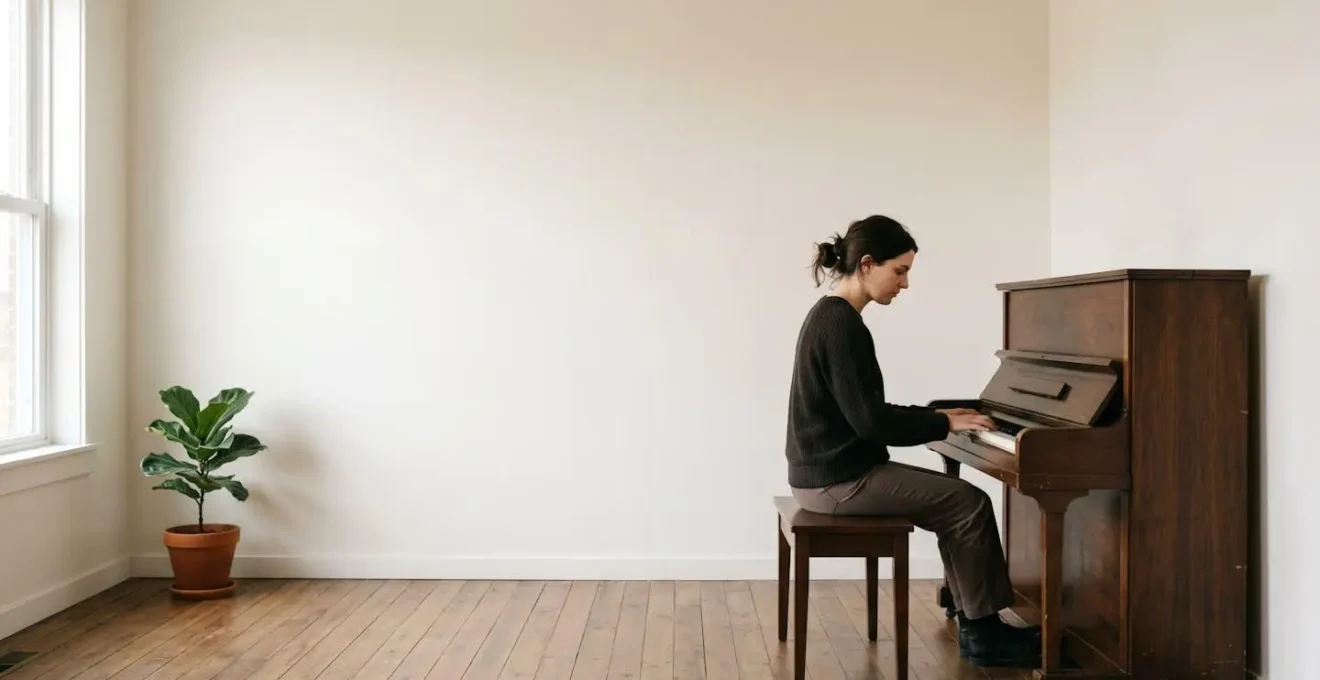 Wide environmental shot of musician at piano in minimalist practice space bathed in natural light