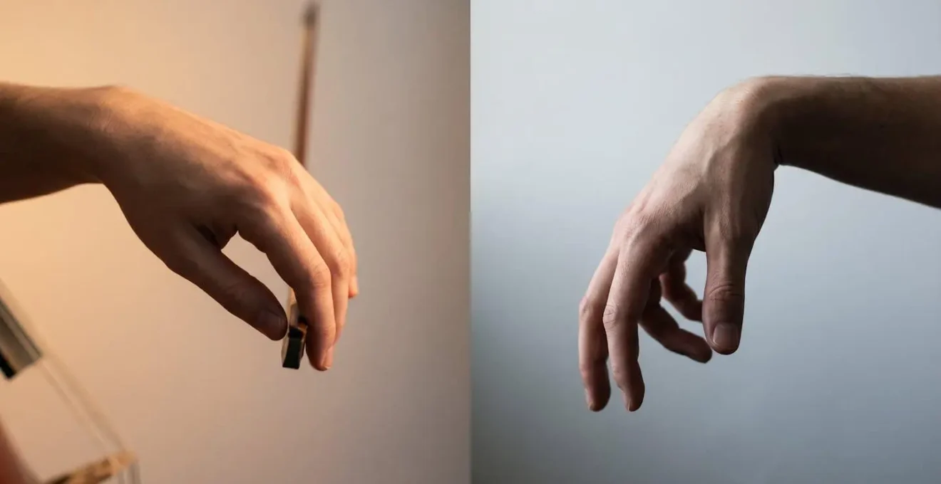 Symbolic representation of productive discomfort versus destructive pain through contrasting hand positions and lighting