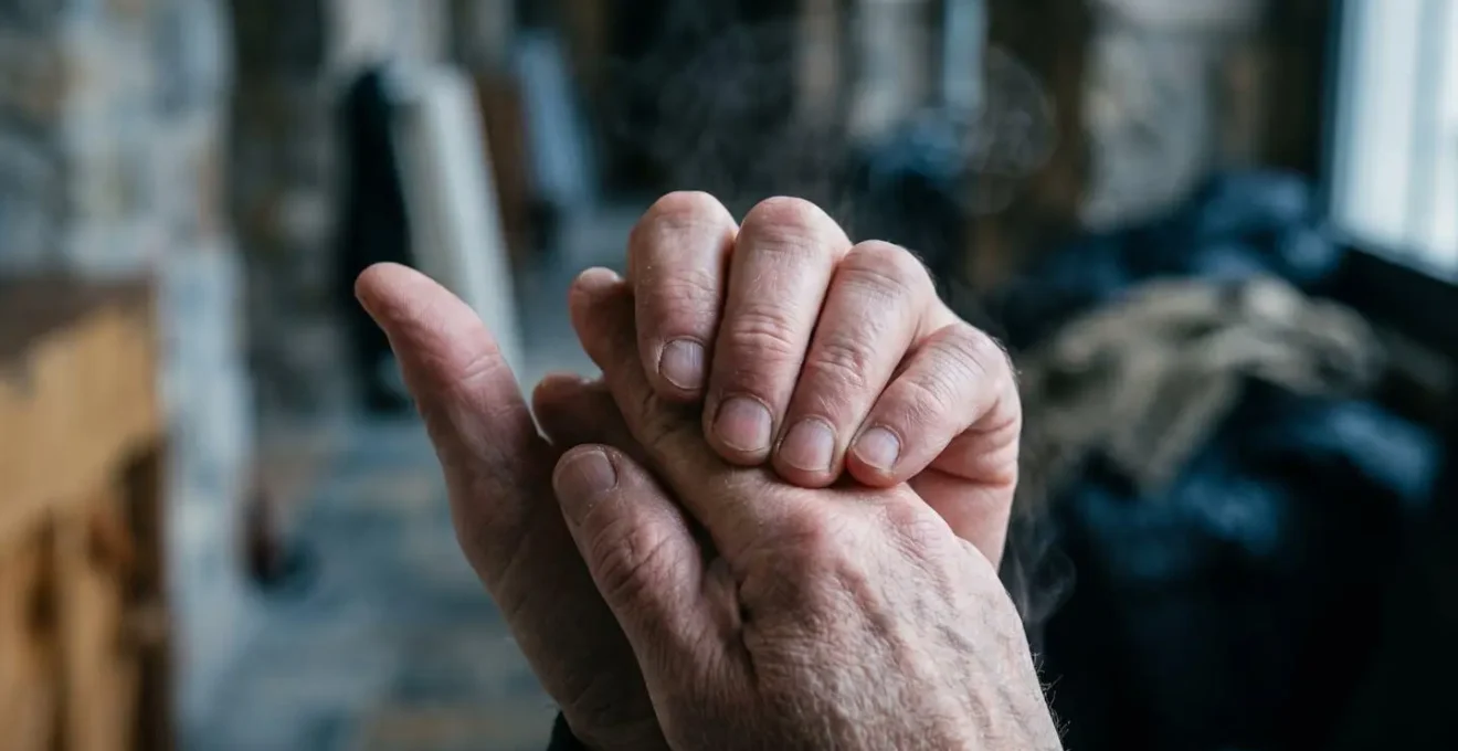 Close-up of musician's hands performing gentle finger exercises with focused breathing in cold environment