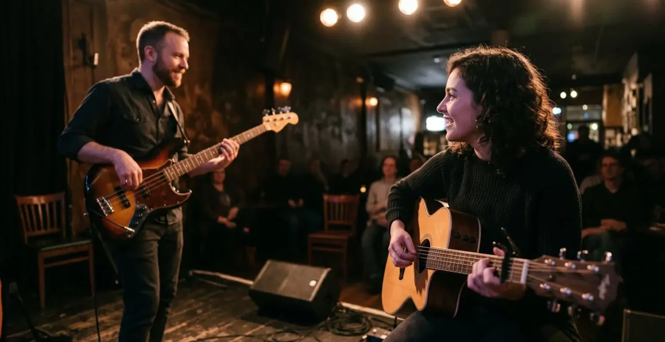 Two musicians making meaningful eye contact during live jam session showing connection and communication
