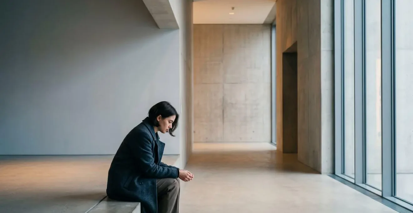 Environmental wide shot showing solitary figure in minimalist digital-inspired space suggesting isolation