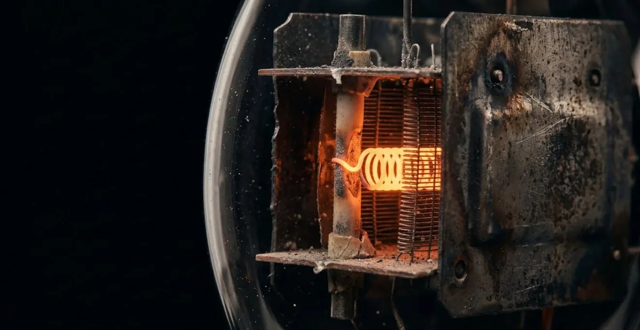 Extreme macro photograph of vacuum tube internal elements showing metal plate structure and filament detail