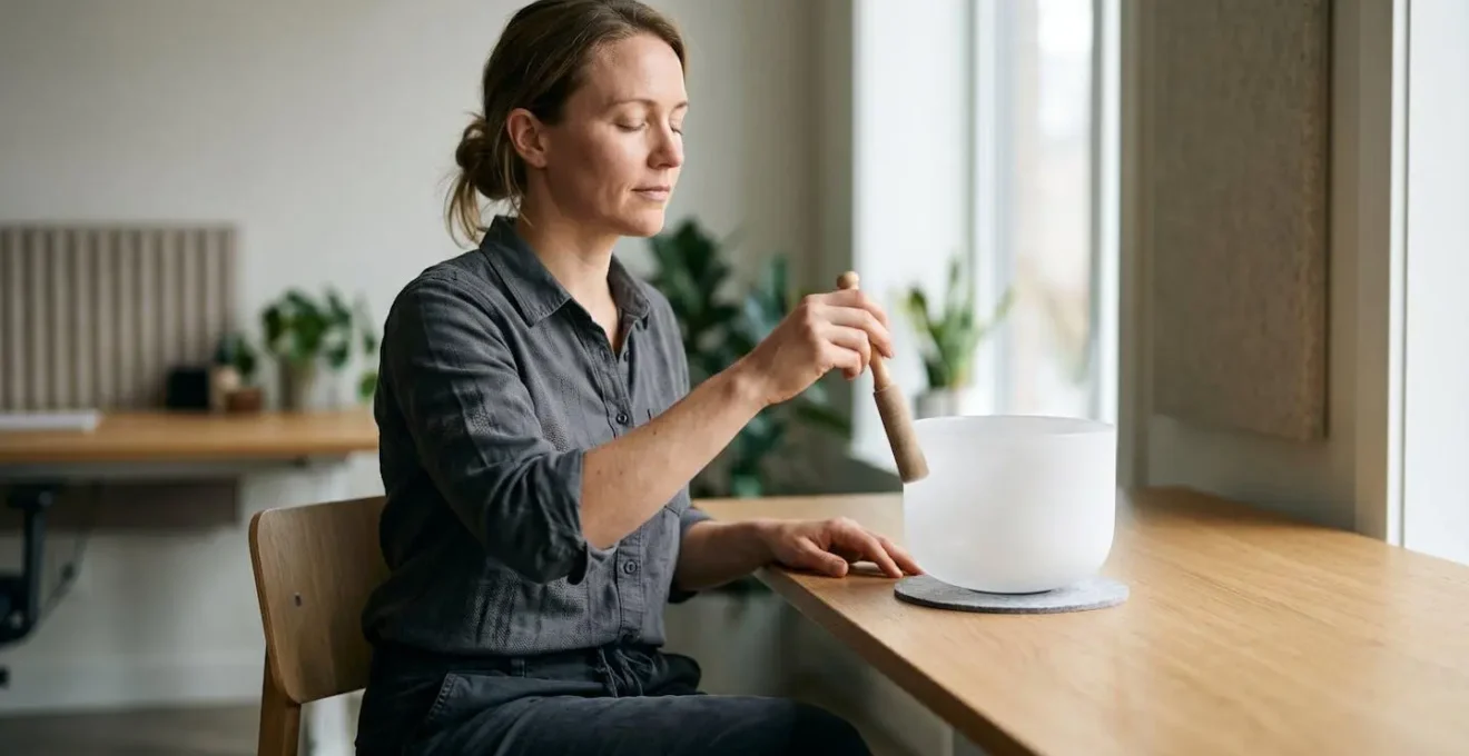 Business professional performing brief vagal tone humming technique with single Tibetan bowl in office environment