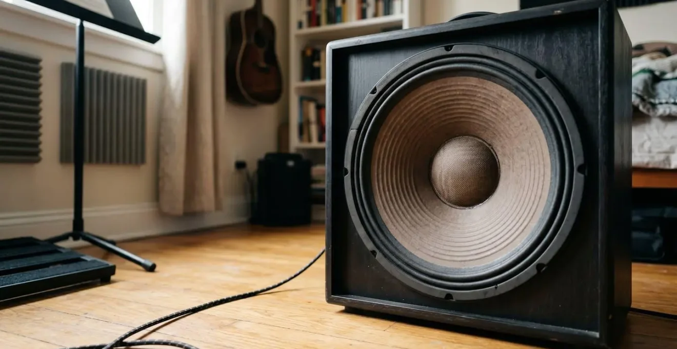 Wide environmental shot of guitar amplifier speaker cone in bedroom studio context with natural lighting