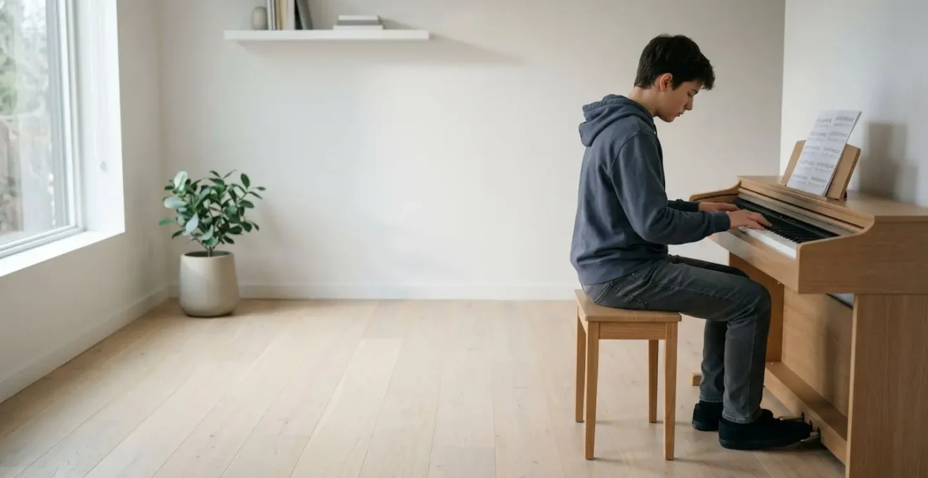 A wide environmental shot showing a teenage musician practicing in a minimalist contemporary space, symbolizing the balance between traditional and modern learning approaches