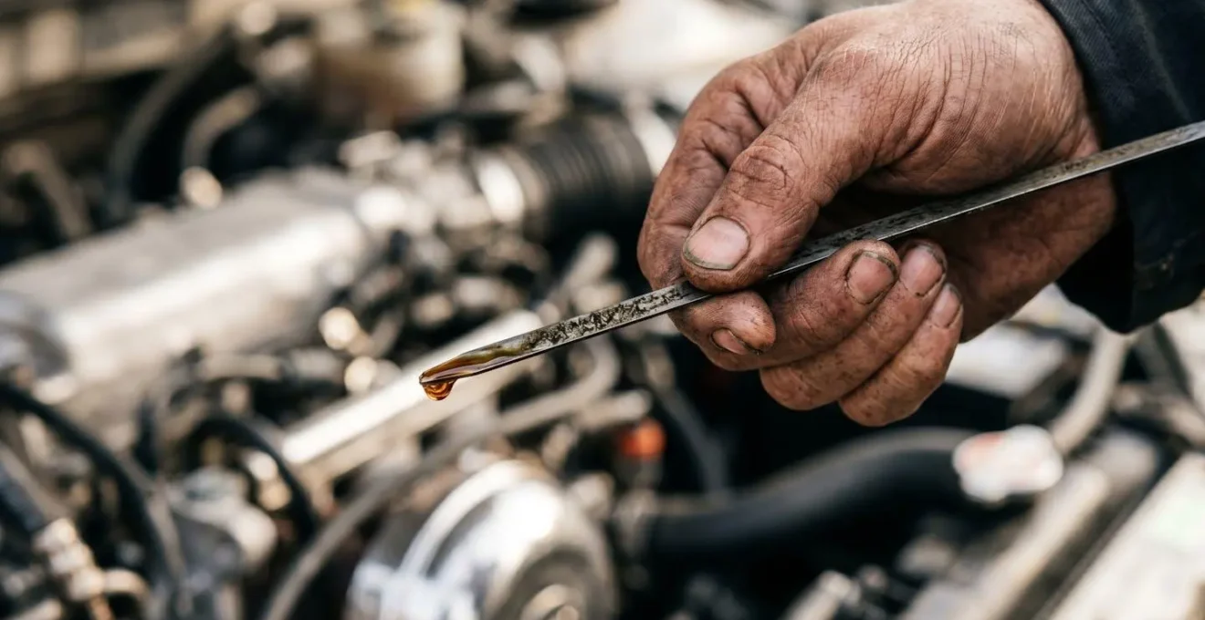 Close-up view of touring musician inspecting vehicle mechanical components before purchase