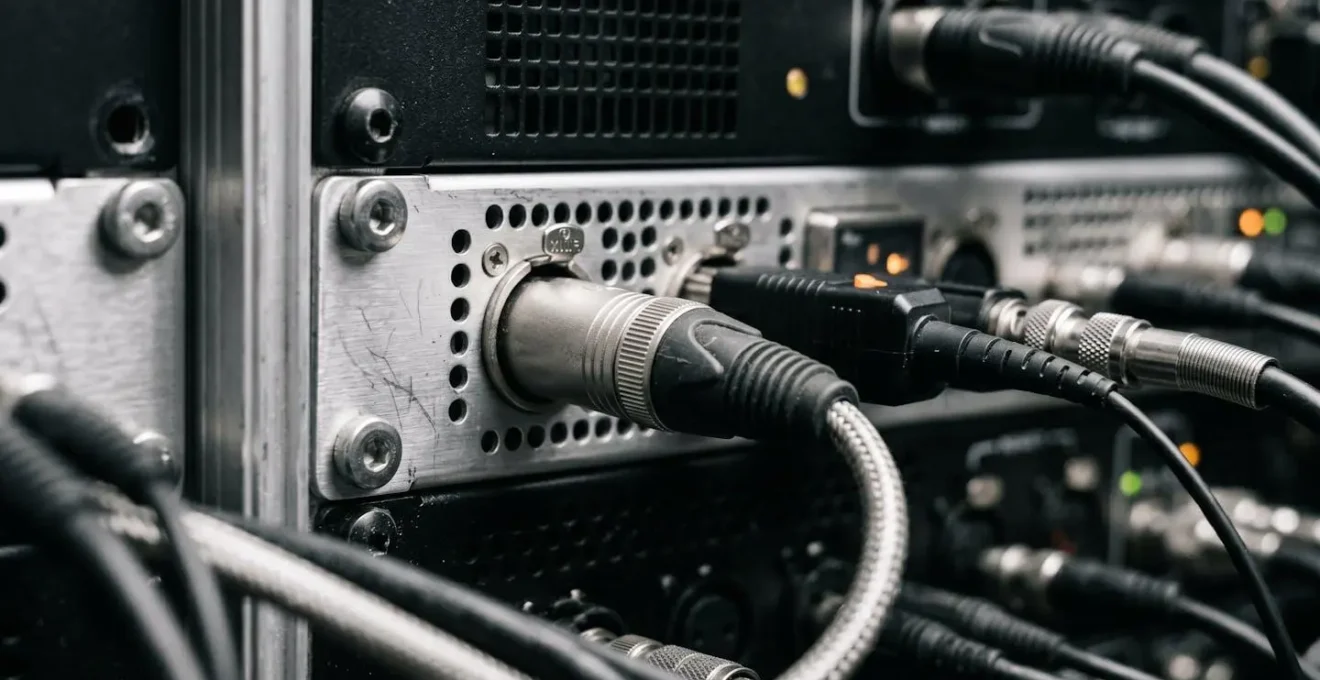 Extreme close-up of professional media server rack with multiple redundant systems and connection ports