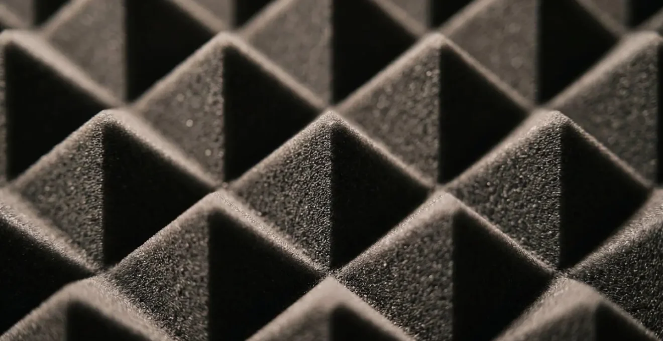 Macro detail of acoustic foam texture with geometric patterns creating sense of grounded stability