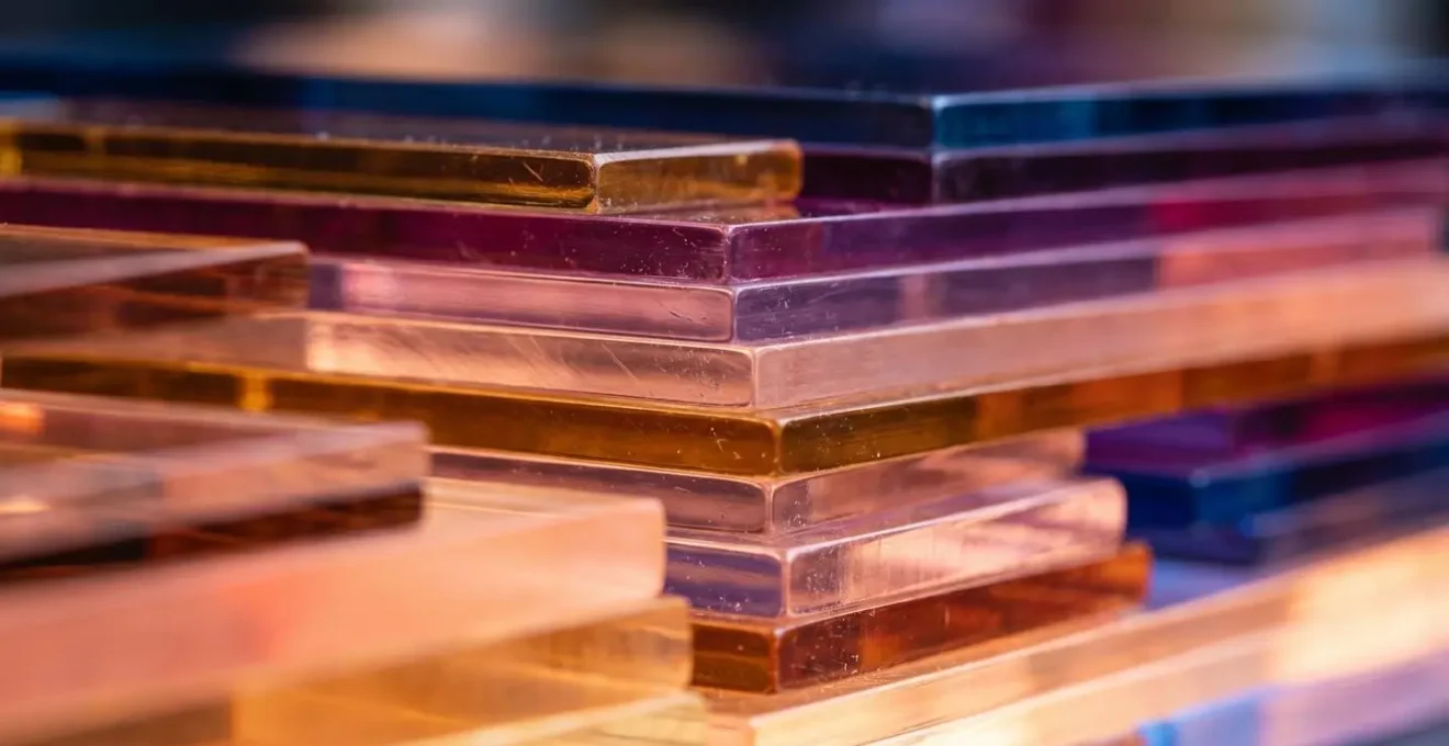 Close-up view of layered transparent materials representing multiple vocal takes being assembled