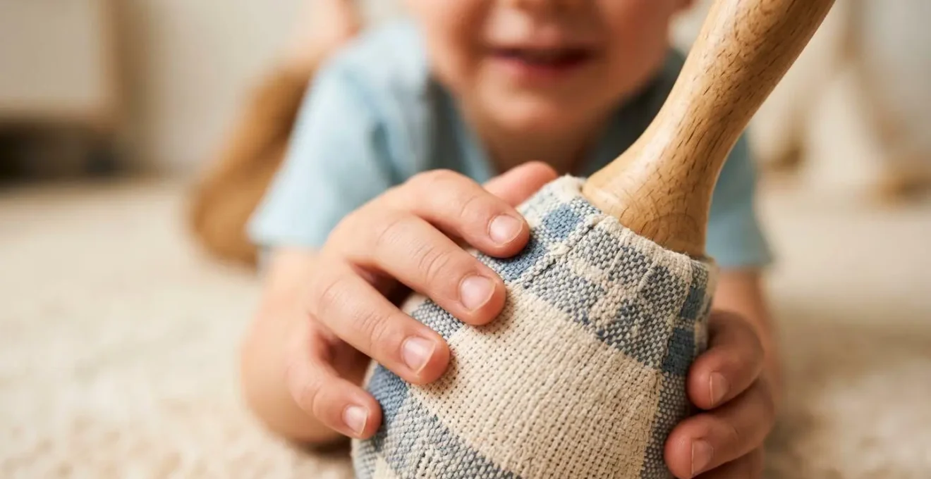 A macro close-up of a toddler's hands exploring colorful percussion instruments with tactile curiosity, emphasizing play-based musical discovery